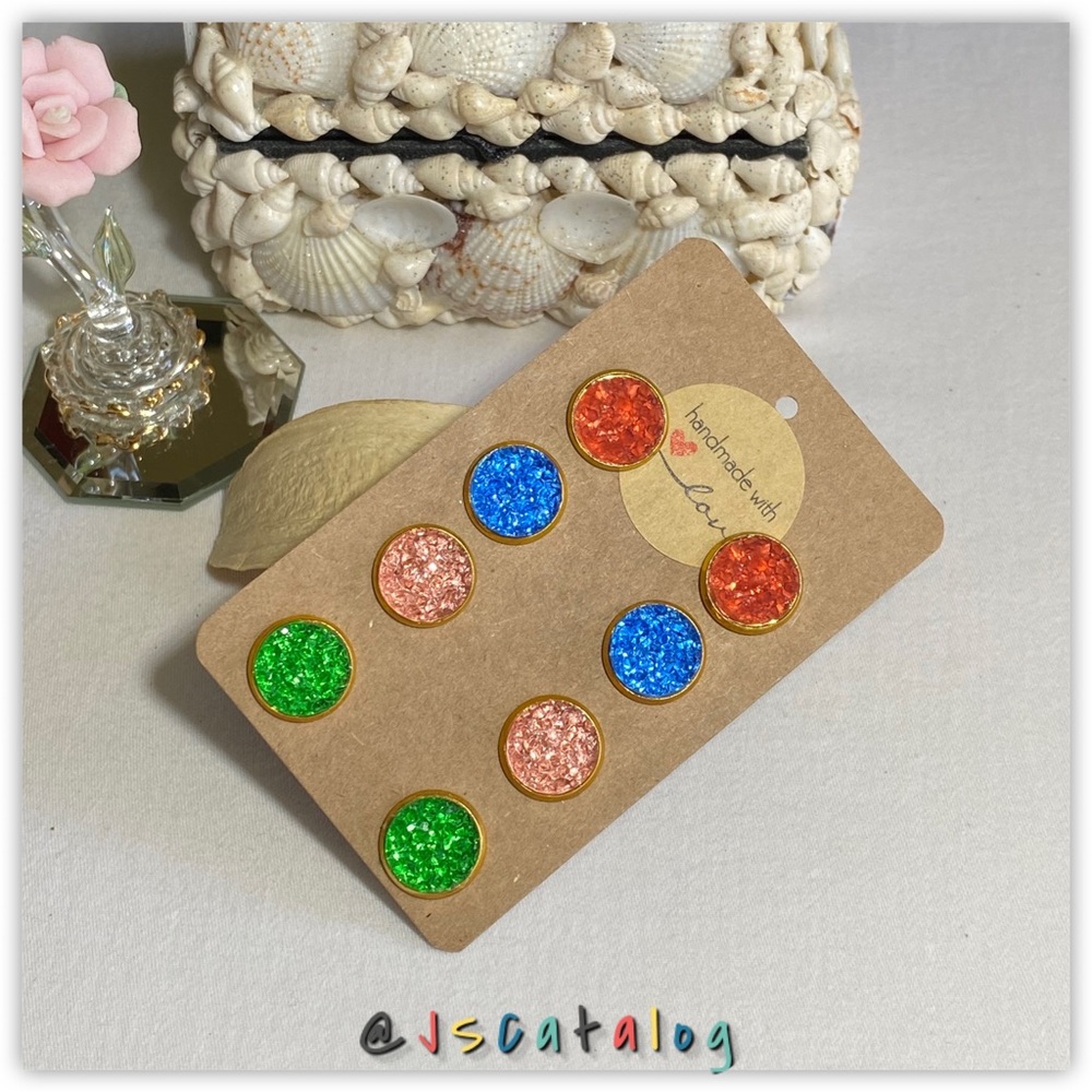 4 x Chunky Druzy on Gold Settings Studs Earrings